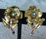 Vintage Flower Carnation ? Leaf Aurora Borealis Rhinestone Clip On Earrings