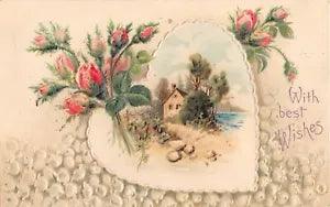 Pink Moss Roses & Lily of the Valley By Heart Framing Home Scene-1907 Best Wishe