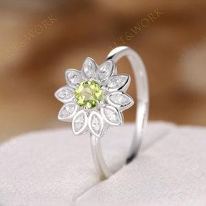 Unique Peridot Sunflower Engagement Ring, Vintage White Gold Round Peridot and Marquise Moissanite Floral Wedding Ring Art Deco Promise Ring