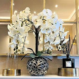 NOTRE DAME PARIS- white orchid in silver bowl pot ceramic - Orchids Plant Arrangement Artificial - Faux orchid and Moss floral display,Gifts