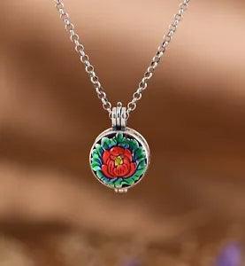 Pendant Artistic Men Women Lucky Enamel Peony Flower Sachet Box Pendant