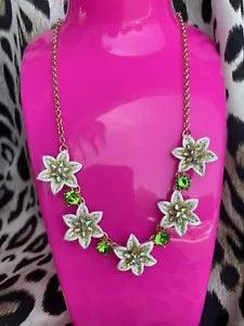 Betsey Johnson Lily Flower White Lily Green Crystal AB Floral Gold Necklace