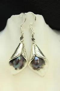 Arum Lily Dangle Earrings Flower Silver Grey Baroque Pearl Tibetan Silver 1.75"