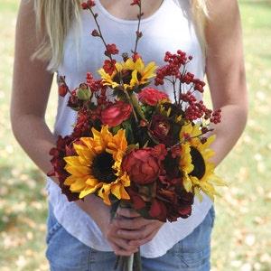 Wedding Bouquet, Wildflower, Sunflower, Red Berry, Hydrangea, Ranunculus Fall Wedding Flower Bouquet by Holly's Wedding Flowers.