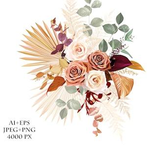 Rust orange, beige, white rose, burgundy anthurium flower, eucalyptus, pampas grass, fern,dried tropical palm leaves greenery vector bouquet