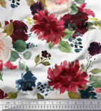 Soimoi White Velvet Fabric Leaves & Peony Floral Printed Fabric-8hA