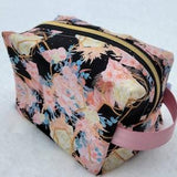 Boxy Dopp Toiletry / Accessory / Makeup bag ~ made with floral rose bouquet with gold geometric shapes fabric