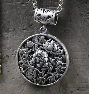 B25 Pendant Filigree Flowers Peony Fine Silver 990