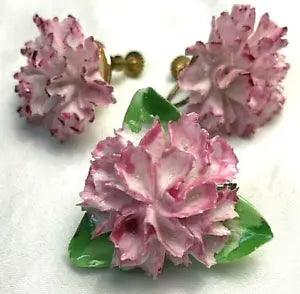 Vintage Pin or Brooch and Earrings Carnations Royal Adderley English Porcelain