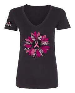Pink Cheetah Print Breast Cancer Carnation Flower Women Junior Fit VNeck Tee