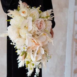 Cascading white silk Rose orchid greenary Bridal bouquet,wedding bouquet, wedding flowers ,bridesmaid wedding flowers, rustic boho wedding