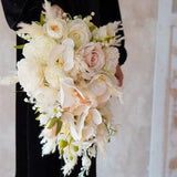 Cascading white silk Rose orchid greenary Bridal bouquet,wedding bouquet, wedding flowers ,bridesmaid wedding flowers, rustic boho wedding