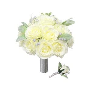 Winter wonderland rose bouquet and boutonniere set-cream grey green silver -handcrafted rose