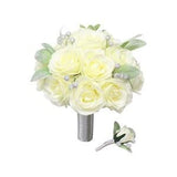 Winter wonderland rose bouquet and boutonniere set-cream grey green silver -handcrafted rose