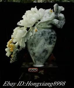 16"China Natural Green Jade Magpie Bird Peony Flower Vase Bottle Statue