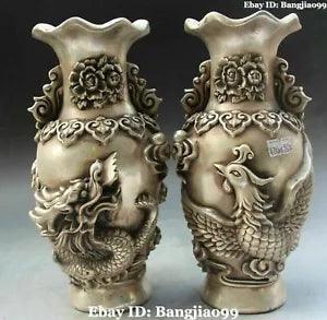 10" Chinese Silver Dynasty Dragon Phoenix Tree Peony Flower Vase Bottle Pair