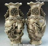 10" Chinese Silver Dynasty Dragon Phoenix Tree Peony Flower Vase Bottle Pair