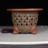 Handmade round hollow bonsai pot Yixing purple sand twisted mud flower pot retro succulent planter orchid pot home decoration bonsai pot