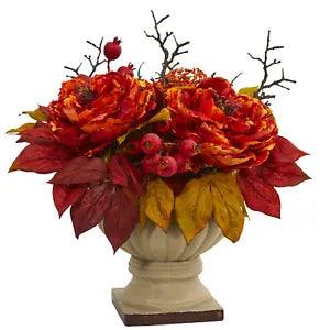 15" Large Orange Peony & Sedum Artificial Arrangement Bold Colorful Centerpiece