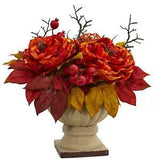 15" Large Orange Peony & Sedum Artificial Arrangement Bold Colorful Centerpiece