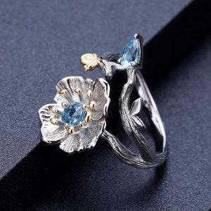 Natural Blue Topaz Flower Ring, Dainty Snail Plant Ring, 925 Sterling Silver Adjustable Ring, Handmade Blooming Poppy Twig Rings For Women