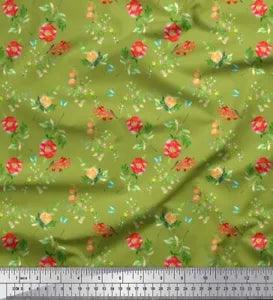 Soimoi Green Cotton Voile Fabric Leaves & Peony Floral Printed Fabric-4vb