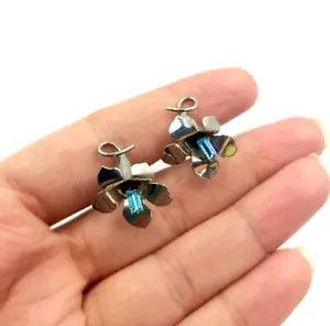 Carl Art CA Lily Flower Sterling Silver Rhinestone Baguette Screwback Earrings