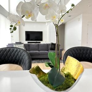 White orchid centerpiece with gold aluminum Contemporary Decorative Bowl. Great accent piece to any home decor, office or event.