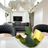 White orchid centerpiece with gold aluminum Contemporary Decorative Bowl. Great accent piece to any home decor, office or event.