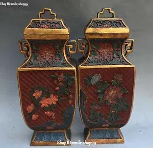 12" China Wood Lacquerware Carving Peony Flower Pattern Vase Botter Jar Pair