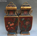 12" China Wood Lacquerware Carving Peony Flower Pattern Vase Botter Jar Pair