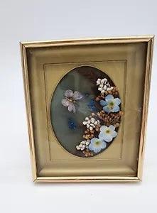 Vintage Dried Flowers & Butterfly Wall Art Under Glass 5" X 6" Gold Metal Frame