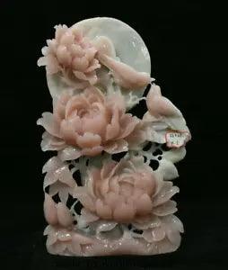 16" Natural Pink Xiu Jade Jadeite Carved Subshrubby Peony Flower Birds Statue