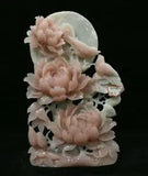 16" Natural Pink Xiu Jade Jadeite Carved Subshrubby Peony Flower Birds Statue