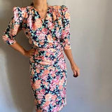 Vintage 80s bouquet wrap elegant guest wedding dress, dark cottage bohemian coquette cocktail puffy sleeves gown romantic shoulder pads M/L