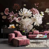Dark Floral Wallpaper | White Pink Dark Peony Bouquet Wall Mural Peel and Stick | Large Peony Art Wallpaper