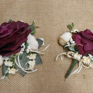 2 Piece Bridal/Wedding Set -Prom Wrist Corsage & Pin Boutonniere - Ivory and Burgundy/Wine, Roses Mini Roses , Silk Flowers, New