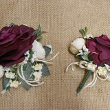 2 Piece Bridal/Wedding Set -Prom Wrist Corsage & Pin Boutonniere - Ivory and Burgundy/Wine, Roses Mini Roses , Silk Flowers, New