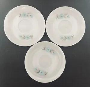 Fire King Bonnie Blue Flower Carnation Three Saucers Milk Glass Anchor Hocking