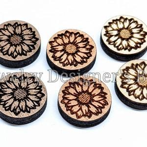 12mm Sunflower Engraved Wood Cabochons - Floral Wooden Embellishments - Cherrywood Walnut Birch, Pick Color - Semi-Matte Varnish