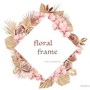 Boho Floral Frame, Watercolor Roses Orchids, Wedding Clipart, Dried Leaves, Pink Flowers Earthy Tone Tropical Rose Palm Leaves Floral Wreath