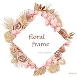 Boho Floral Frame, Watercolor Roses Orchids, Wedding Clipart, Dried Leaves, Pink Flowers Earthy Tone Tropical Rose Palm Leaves Floral Wreath