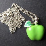 Sweet Vintage Pendant Necklace Figural Green Apple Enamel Enamelled Silver Tone Fruit Cute Fun Adjustable Length Chain Granny Smith Teacher