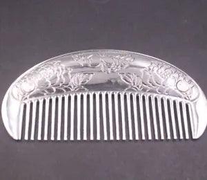 999 Fine Silver Pure Silver Hair Comb Peony Flower Round Hair Care 3.9inchL /48g