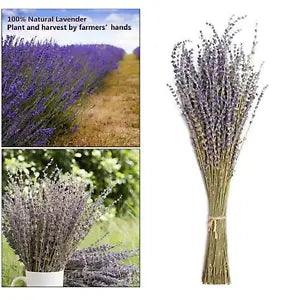 Lavender artificial dried flower bundle, thin stems with purple blooms, tied together