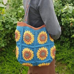 SUNFLOWER Beach Bag, Totebag, Crochet Blue Floral Bag, Bohemian Knit Bag, Handmade Cotton Bag, Hippie, Summer, Gift Idea, Express Shipping