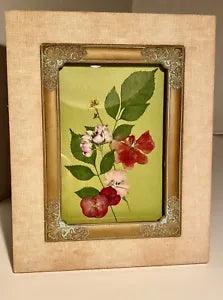 Pressed Flower Art Antiqued Brass & Cloth Frame Summer Flowers Green Background