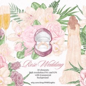 Wedding Watercolor Clipart. Boho Flowers Clipart. Floral Clipart. Bride Clip Art. Rose Orchid Clipart. Green Leaves. Wedding Elements