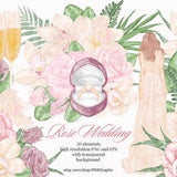 Wedding Watercolor Clipart. Boho Flowers Clipart. Floral Clipart. Bride Clip Art. Rose Orchid Clipart. Green Leaves. Wedding Elements