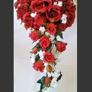 Red Roses Cascade Bouquet, Red Roses Wedding Bouquet, Red Silk Flower Bouquet, Choose your Color Rose, Choose Your Ribbon.